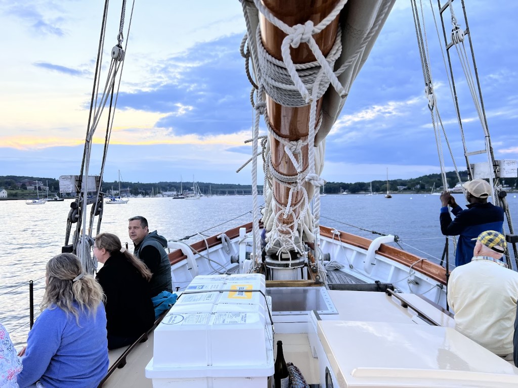 Coming into the harbor in Belfast, Maine as I stand under the boom